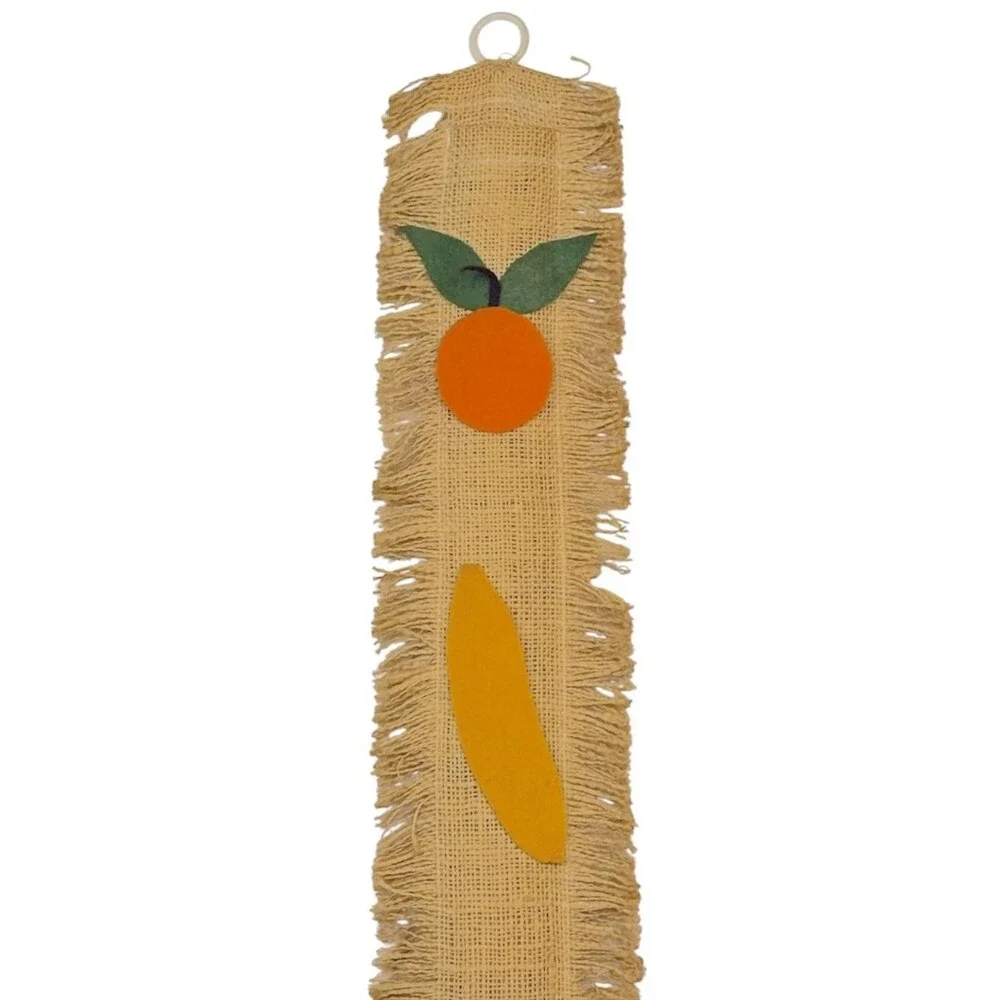 Vintage 70s Burlap Fruit Wall Hanging Yardstick Holder Ad Ruler Rustic Country